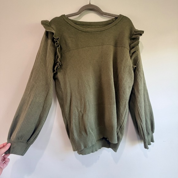 Unbranded Sweaters - Ruffle Shoulder Ribbed Knit Thick Sweater Women XL Olive Green Cottagecore